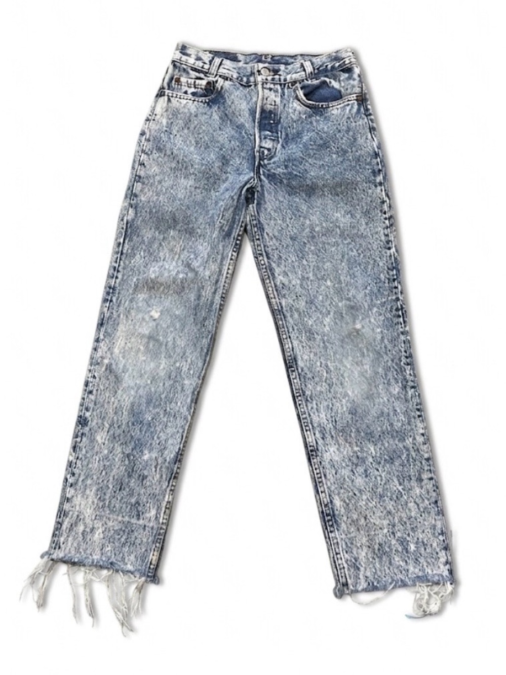 Vtg 80s Levis 701 Acid Wash Jeans Button Fly Made in USA 27x26 High Rise Raw Hem